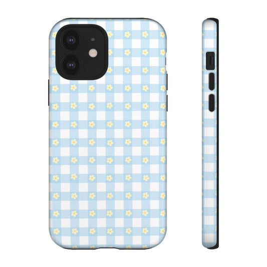 Cute Floral Phone Case - Durable Tough Case with Blue Checkered Design